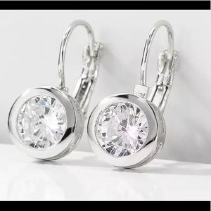 Silver Dangle drop round brilliant Crystal Hoop minimalist dangle hoop Earrings